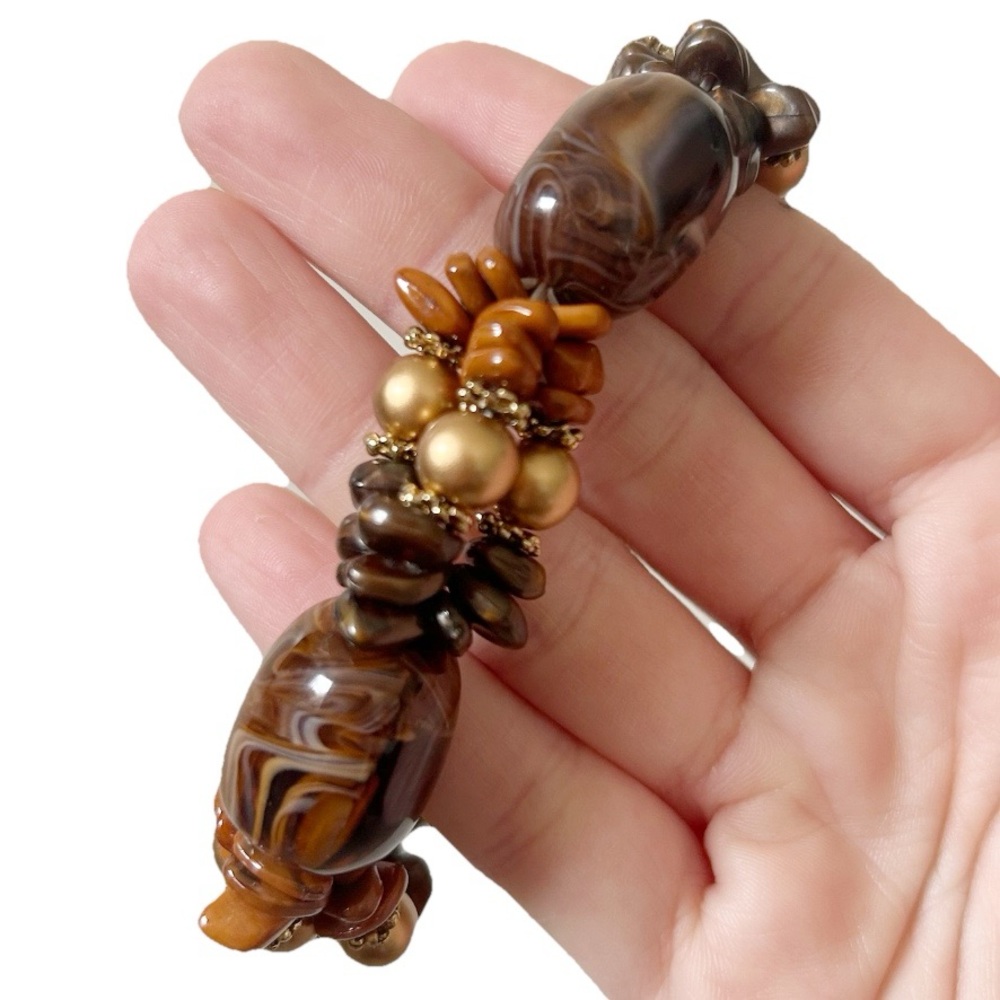 Elegant Brown and Gold Beaded Bracelet Chunky Earth Tone Boho Neutral Stretchy